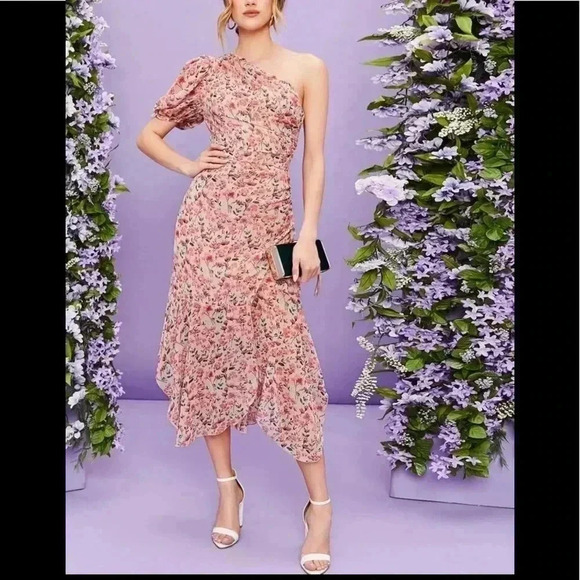 SHEIN One Shoulder Ruched Ruffled Hem Floral Midi Dress Size 4 - Picture 1 of 9